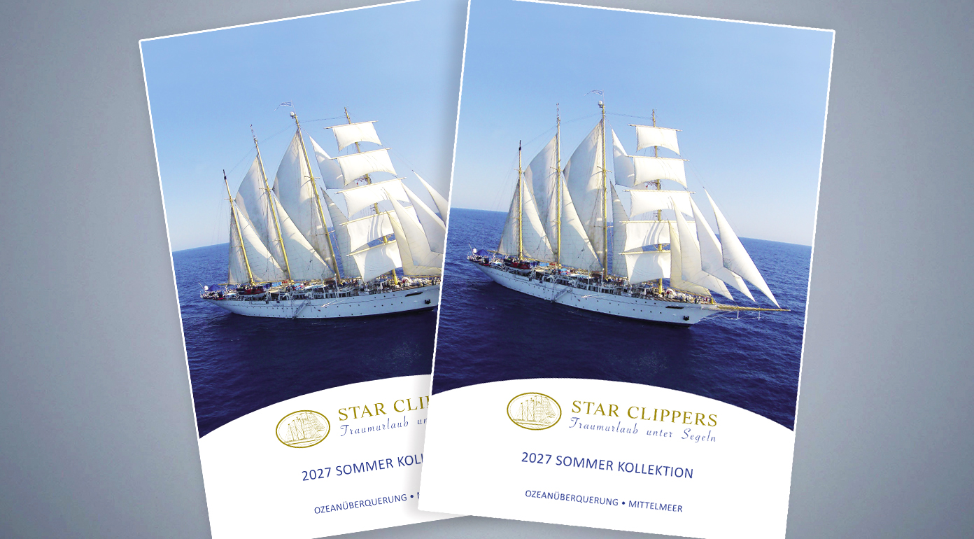 Star Clippers bringt jetzt seinen neuen Reisekatalog für den Sommer 2027 heraus, der ab sofort in den Reisebüros vorliegen sollte. Die Großsegler